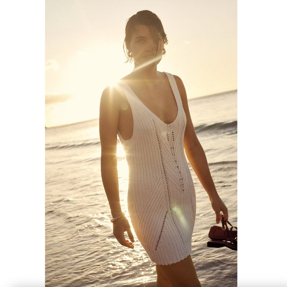 $98 Anthropologie Pointelle Modern Mini Dress Medium White Knit 100% Cotton